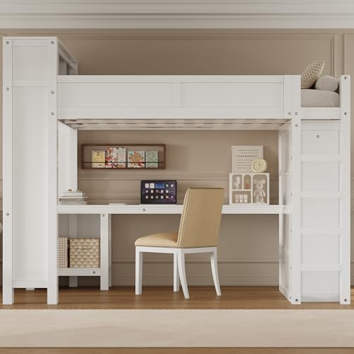 Solid Wood Loft Bed Queen Size with Storage Headboard and Wardrobe, White | Modern Loft Bed with Desk and USB Ports for Teens Aldults, No Box Spring Needed, Space Saving