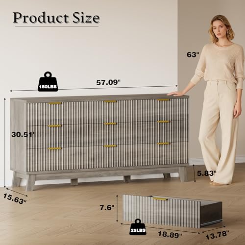 Image of BORNOON Fluted 9 Drawer Dresser, 57.1 inch Wide Modern Boho Chest of Drawers, Wooden Storage Dresser TV Stand for Bedroom, Living Room, Closet, Hallway, Curved Profile Design