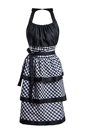 Alex Virtue Lovely Flower Pattern Retro Aprons With Large Pockets for Women Girls Cooking Kitchen Bakery Mothers Gift (Black Plaid)