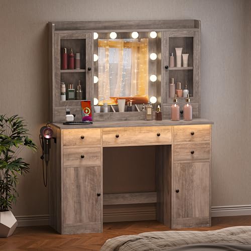 Image of HUANLEGO Grey Vanity Desk with Mirror and Lights for Girls Women | Makeup Vanity Mirror with Lights, LED RGB Lights Strip, Power Outlet, 7 Drawers, 2 Storage Cabinets, 3 Color Modes Adjustable