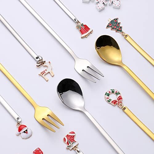 Silverware Flatware Set, 6/24/36/48/60/72Pcs 304 Stainless Steel Forks Christmas Tableware Set Dessert Fork Box Creative Christmas Fork,Silver-60 Pieces for 10