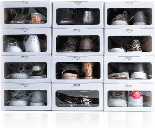 Shoekyp 12 Cajas para Zapatos Organizador Zapatero Transparente Apilable Blanca Ecológico - Solución Ideal para Zapatero Entrada Recibidor y Armario Zapatero.