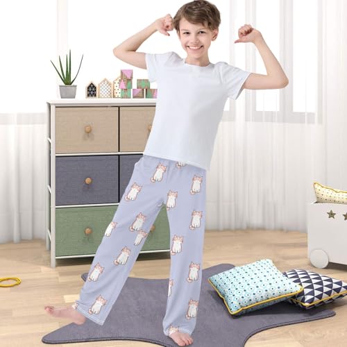 Boy's Pj Pants Cartoon Curious Cat Blue Violet Lounge Bottoms Elastic Waist Kids Joggers with Pockets Size 6-144