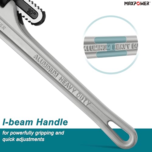 Image of MAXPOWER 10 inch Straight Pipe Wrench, 1 inch Jaw Capacity, 40% Lighter Aluminum Adjustable Plumbing Wrench, Cr-Mo Jaw, Drop Forged