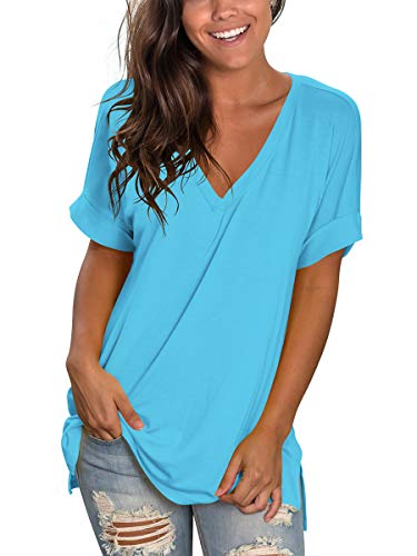Image of Sampeel Women's V Neck T Shirts Casual Rolled Short Sleeve Side Split Summer Tops Loose Fit