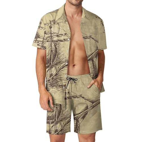 Mens White Tile Texture Hawaiian Short Sleeve Button Down Shirt And Shorts Suits 2 Piece,