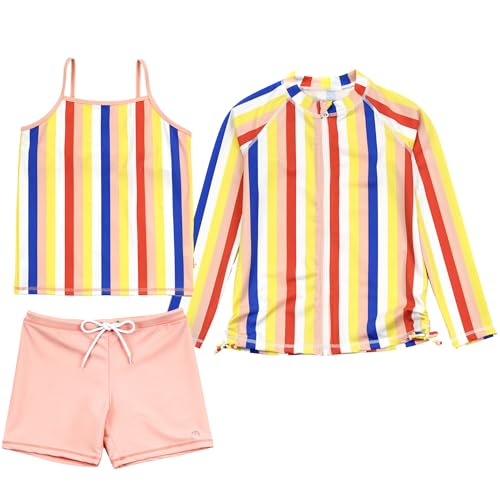 Image of SwimZip Girls' 3 Pc Swim Set w /Long Sleeve Rash Guard, Tankini & Shorts UPF 50+