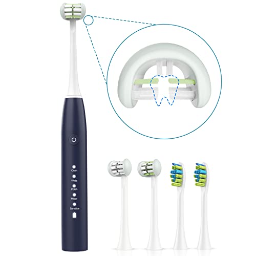 Brosse à dents électrique Sonic pour adultes 3 faces avec 4 têtes de brosse de remplacement, nettoyage à 360°, 5 modes, minuterie bleue Cover
