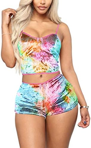 wsevypo 2Piece Sexy Women Velvet Pajamas Shorts Set Sleepwear Straps Crop Top Sleep Shorts Lingerie Lounge Wear (Tie dye Pink, Medium)