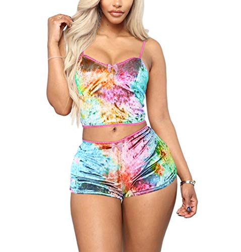 Wsevypo 2Piece Sexy Women Velvet Pajamas Shorts Set Sleepwear Straps Crop Top Sleep Shorts Lingerie Lounge Wear (Tie Dye Pink, Medium) #TOP29