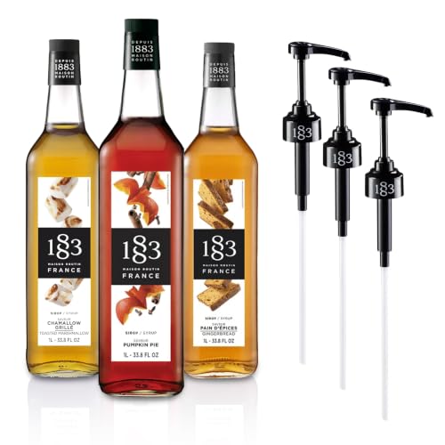 Image of 1883 Gingerbread, Pumpkin Spice, Toasted Marshmallow Syrups with Pumps (Winter Holiday Flavors) for Drinks - 1 Liter Glass Bottles (Pack of 3)