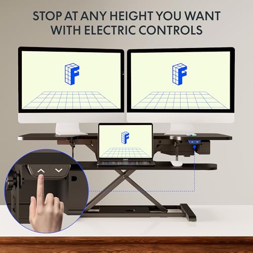 Image of FLEXISPOT 42 inch Electric Motor Desk Converter, Height Adjustable Motorized Stand up Desk Riser with Quick Release Keyboard Tray, Black Monitors and Laptop Workstation