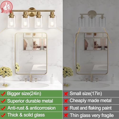 4-Light Bathroom Light Fixtures, Brushed Brass Modern Vanity Lights with Cyan Glass Shades, Bathroom Wall Lamp for Mirror Kitchen Living Room