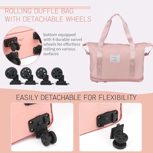 Image of Livello Wheel Bags for Travel Luggage Carry on Duffel Bag, Expandable Foldable Luggage Bag, Dry and Wet Separation Rolling Bag, Travel Totes for Women & Men (1Pcs)(Peach)