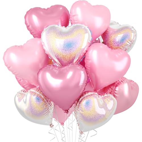 Image of Pink and Silver Heart Balloons, 10 Pcs Pink Laser Silver Heart Shaped Balloon, 18 Inch Metallic Glitter Stars Foil Balloons for Girls Women Princess Brithday Baby Shower Valentines Party Decorations