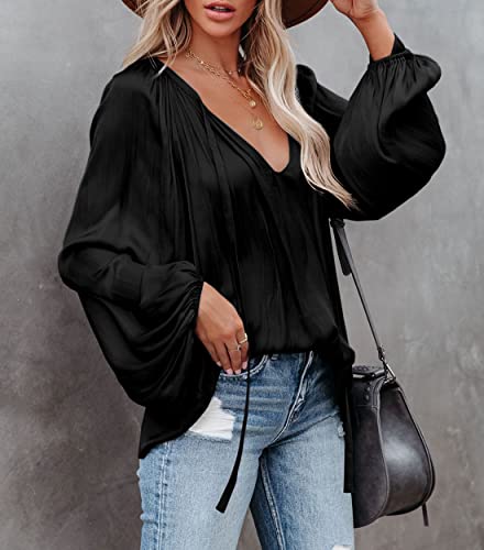 LAMISSCHE Womens Sexy Deep V Neck Blouse Lantern Long Sleeve Chiffon Shirt Oversized Drawstring Silk Satin Tunic4