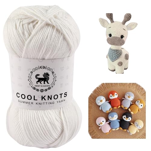 Image of NESTNHAVEN Cool Knots, Hand Knitting Yarn (1 Ball 100g) - Luxury Yarn for Crochet, Amigurumi, Embroidery, Toys, Garments, Flowers and Hobby Projects (White), Polyester Blend