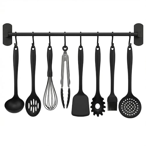 joeji's Kitchen Porta utensili da cucina adesivo nero - 40 cm - 8 ganci - Organizzatori e portautensili o portautensili per cucina, bagno o garage