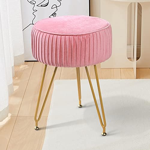 ECOMEX Velvet Round Ottoman with Metal Legs, Upholstered Pleated Round Ottoman Footstool Makeup Vanity Stool Round Velvet Ottoman for Home Living Room Bedroom, Pink