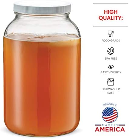Large Glass Jar Wide Mouth with Airtight Plastic Lid - 3.8 Litre Mason Jar, Canning & Storage Jars, BPA Free Jars, Dishwasher Safe - Food Preserving Jars with Lids for Kombucha, Kefir Fermenting