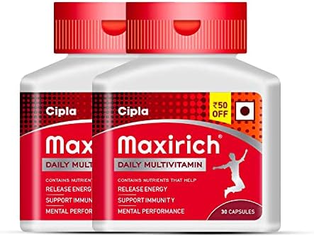 Cipla Maxirich Daily Multivitamin (60 Capsules) For Men & Women With Essential Nutrients, Vitamins, Minerals, Anti-oxidants For Building Immunity & Energy (Bottle Pack)