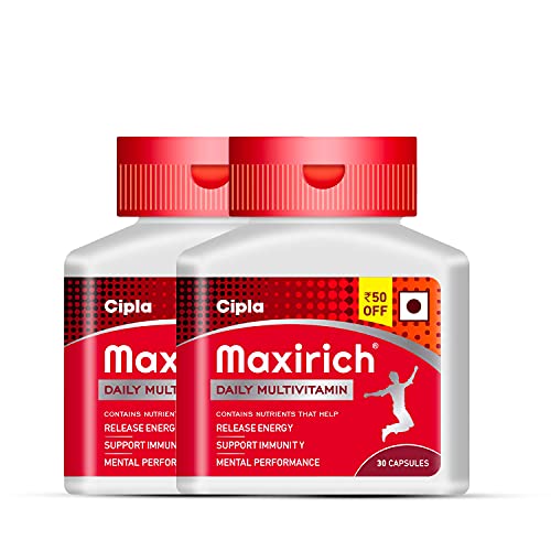 Cipla Maxirich Daily Multivitamin For Men & Women With Essential Nutrients, Vitamins, Minerals, Anti-oxidants For Building Immunity & Energy – 30 Capsules/Bottle (Pack of 2) Cipla Maxirich Daily Multivitamin For Men & Women With Essential Nutrients, Vitamins, Minerals, Anti-oxidants For Building Immunity & Energy – 30 Capsules/Bottle (Pack of 2)