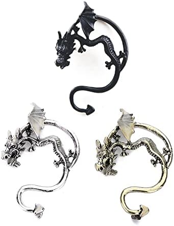 CFISH 3Pieces Halloween Christmas Retro Vintage Black Silver Bronze Punk Temptation Metal Dragon Bite Ear Cuff Clip Wrap Earring Personality Comfortable Not Allergic Earrings