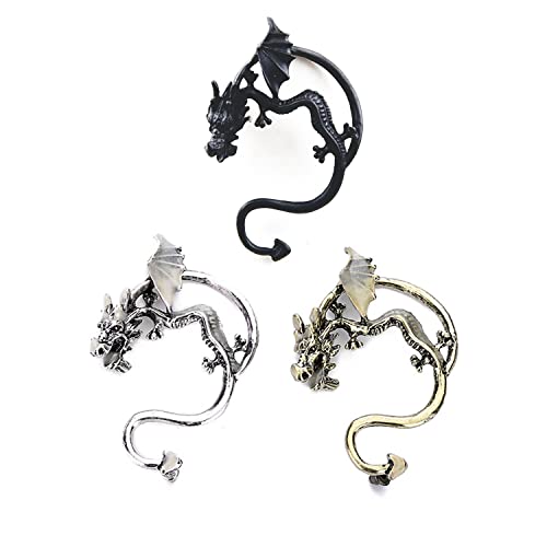 Cfish 3Pieces Halloween Christmas Retro Vintage Black Silver Bronze Punk Temptation Metal Dragon Bite Ear Cuff Clip Wrap Earring Personality Comfortable Not Allergic Earrings #TOP15