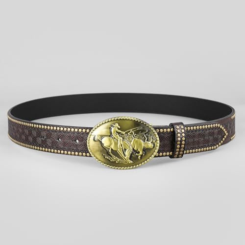 Men's Vintage Western Embossed Studded Belt - 3D Bull Rodeo Gold Oval Buckle3