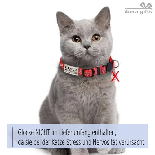 Ibera gifts - Katzenhalsband Personalisiert, Katzenhalsband mit Namen Für Katzen mit Sicherheitsverschluss Selbstöffnend, Reflektierend (Schwarz)