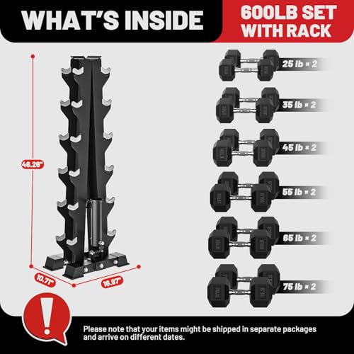 Image of PAPABABE Hex Dumbbell Sets with Rack, 100-600lb Rubber Coated Dumbbell Weight Set and Storage Rack, Multiple Options Hand Weights for Strength Training