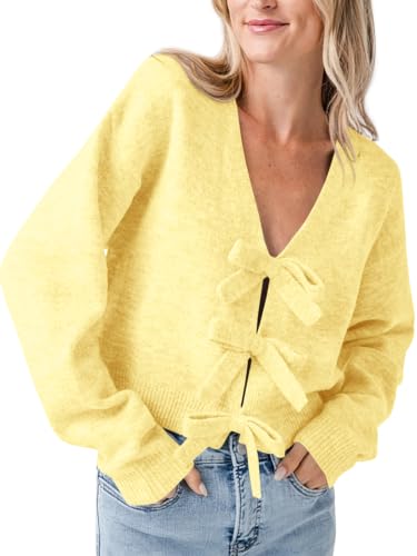 Image of Saodimallsu Womens Bow Sweater Cropped V Neck Long Sleeve Pullover Tops