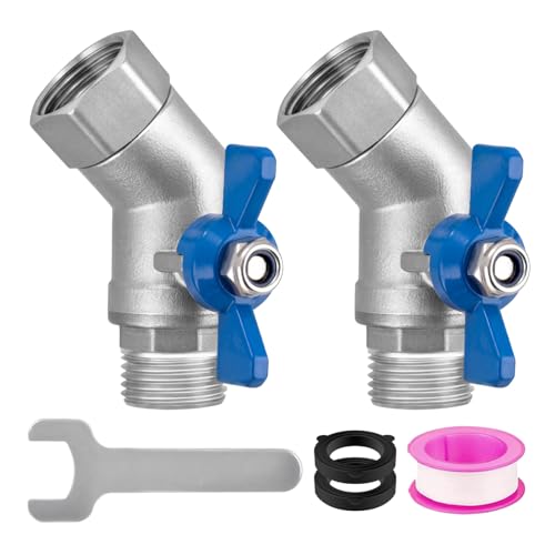 2 Pack 45 Degree Garden Hose Elbow Adapter, 304 Stainless Steel Hose Elbow Angle Connector with Shut Off Valve, 3/4