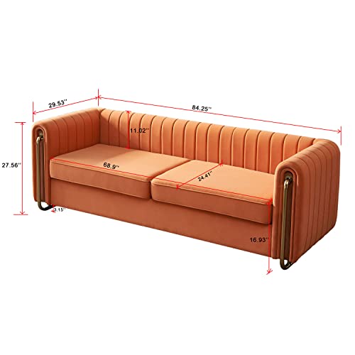 Image of KEIKI 84 inch Velvet Deep Channel Tufted Sofa with Back Cushions and Rolled Arms, Modern Style 3-Seater Couch with Golden Polished Steel Legs, Easy Assembly, for Living Room, Bedroom, Office, Orange