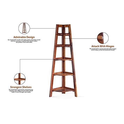 Image of Solid Sheesham Wooden Corner Bookshelf for Living Room Floor Standing Corner Book Shelf 5 Tier Ladder Cabinet Corner Shelf for Home Decor|Bookshelf for Home | Brown Finish