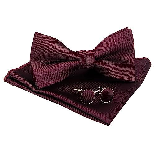 JEMYGINS - JEMYGINS Noeud Papillon Homme Bordeaux en Soie Réglable Sergé Fait à La Main et Boutons de Manchette et Carré de poche Ensemble Compris boîte(9)