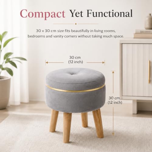 Image of Ottoman Stool for Living Room Foot Rest | Velvet Small Ottoman Foot Stool | Solid Wood Legs | Footstool Puffy for Home, Bedroom & Makeup Table | 30 x 30 cm (12 x 12 Inch) | Grey