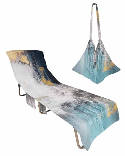 Navy Teal Beach Chair Towel Covers for Chaise Lounge with Side Pocket, Soft Plush Pool Towels Cover for Patio Sunbathing Outdoor 29''x85'' Modern Grey Abstract Minimalist Geometric