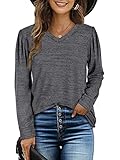 shownicer Damen T-Shirt V-Ausschnitt Langarm Solide Tunika Tops Casual Locker Langarmshirt Basic Tee Oberteile Sweatshirt Mode A Dunkelgrau S
