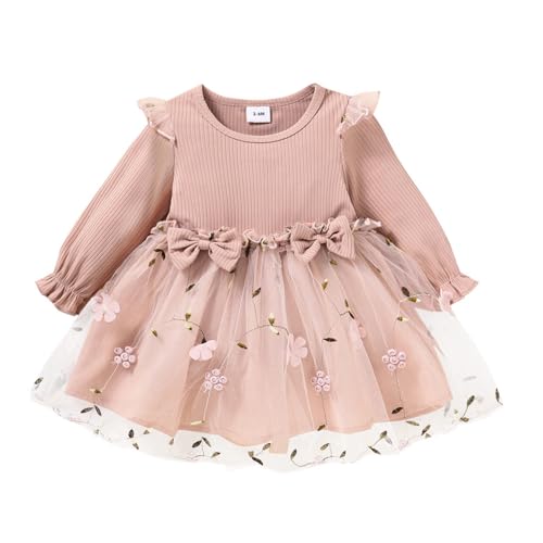 Kleinkind Baby Mädchen Prinzessin Kleid Geburtstag Rüschen Langarm Strickoberteil Splice Mesh Tüll Kleider Herbst Outfits Lang Blumen Rosa 3–6 Monate