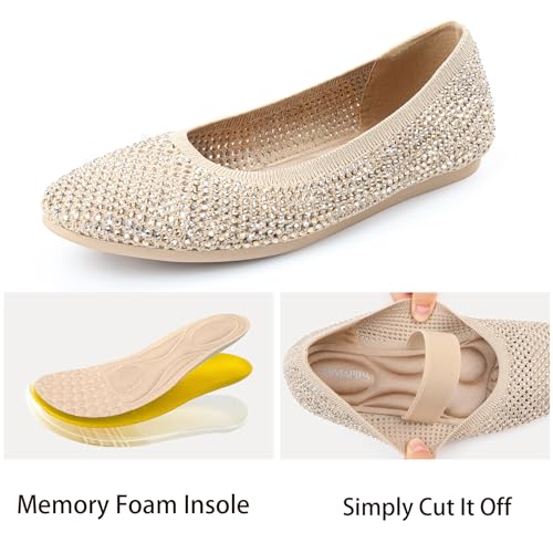 Ballet Flats Shoes for Women with Rhinestone Knit Flat Shoes Sparkly Embellished Memory Foam Elastic Strap Comfortable Wedding Dressy (Black/Nude)2