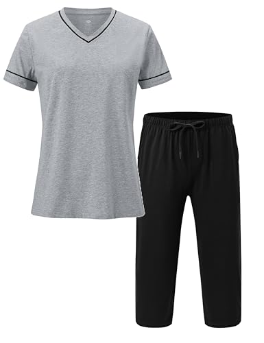 MoFiz Pyjama Short Femme Pyjama Coton Court à Pyjama avec Manche Courte et Pantalon Corsaire Ensemble de Pyjama été Grisclair Noir M
