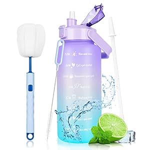 JYPS 2 liter waterfles met rietje en motiverende tijdmarkeringen BPA-vrij, 2L grote drinkfles voor volwassenen, 2ltr lekvrije grote waterkruik voor fitness/wandelen/sport, w/reinigingsapparatuur (paarsblauw)