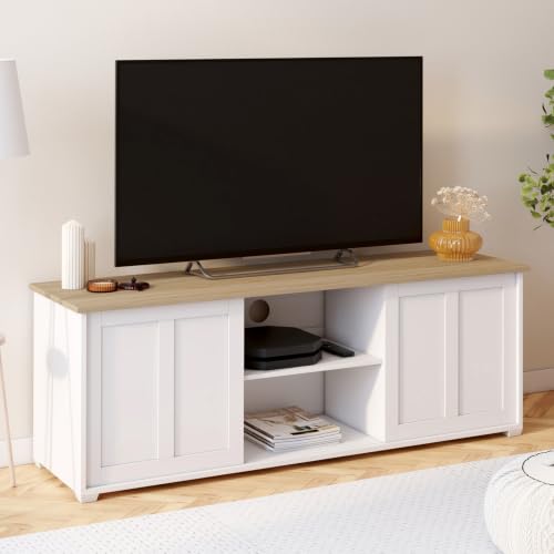 Meuble TV 140 cm JANGO 2 portes coulissantes et plateau bois - vue 2