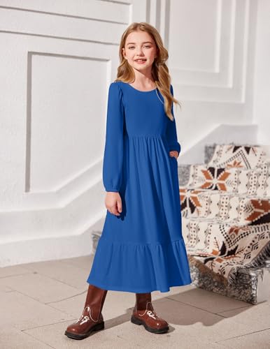 Image of Arshiner Girls Maxi Dresses Lantern Long Sleeve Casual Holiday Dress with Pockets for 5-14 Y