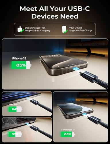 Image of LISEN USB C Cable, 5-Pack [3.3 /3.3 /6.6 /6.6 /10FT] USBC to USBC Cable for iPhone 16e 15 Pro Max Charger Cord, 60W C to C Cable Fast Charging for Samsung S25 /S24 /23, Switch 2, iPad, MacBook, Midnight