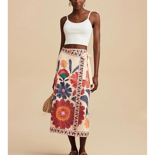 Womens Floral Wrap Midi Skirt Summer Adjustable Tie Side Casual High Waist A Line Beach Boho Long Flared Skirts3