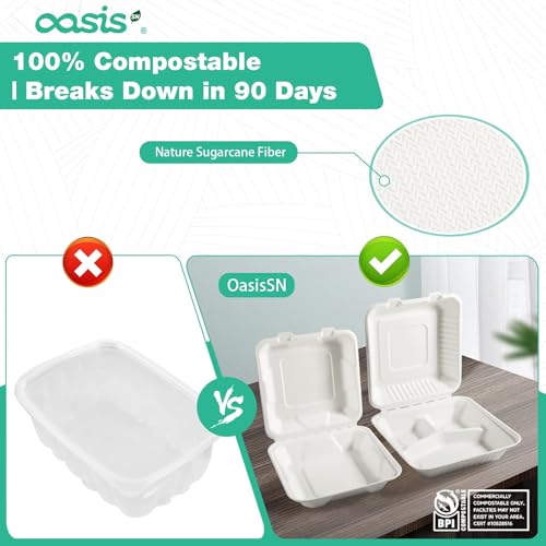 OasisSN 8×8\", 68-Pack 3-Compartment Clamshell Takeout Containers, 100% Compostable Heavy-Duty Disposable Paper Lunch Boxes(White)