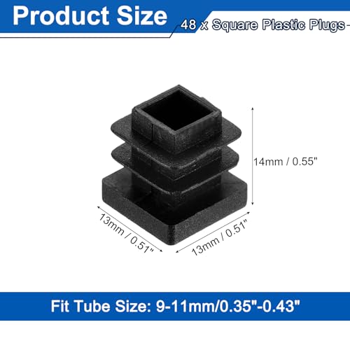 Image of uxcell 48Pcs Square Plastic Plugs, 13 x 13mm /0.51 x 0.51inch PE Pipe Tubing End Caps for 9-11mm /0.35-0.43inch Square Tube Furniture Chair Leg, Black