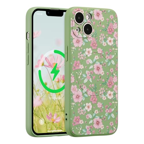 Coque iPhone 15 fleur compatible MagSafe en silicone vert